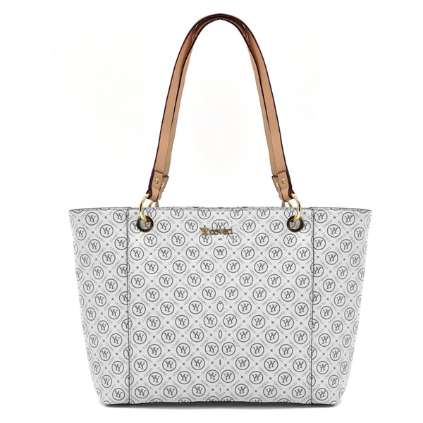 Borsa firmata yycoveri shopping tote capiente spalla tasche interne fantasia logata logo