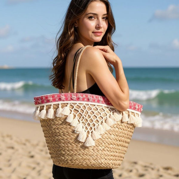 Amaranta – Borsa Coffa Donna in Paglia Naturale Traforata pizzo Grande Vimini Mare Spiaggia Palma Decorata