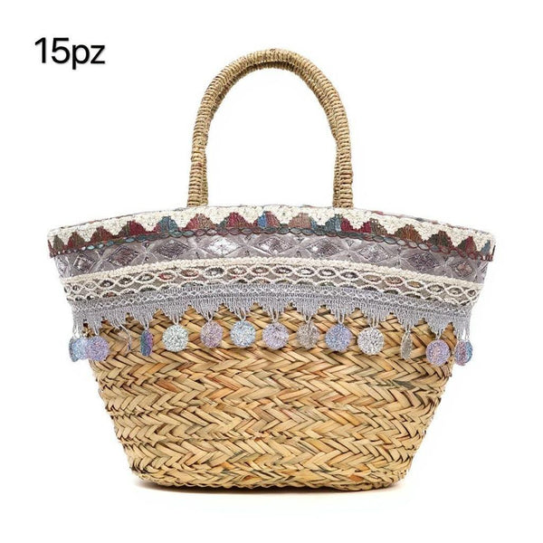 Vespera – Borsa Coffa Donna in Paglia Naturale Traforata pizzo Grande Vimini Mare Spiaggia Palma Decorata