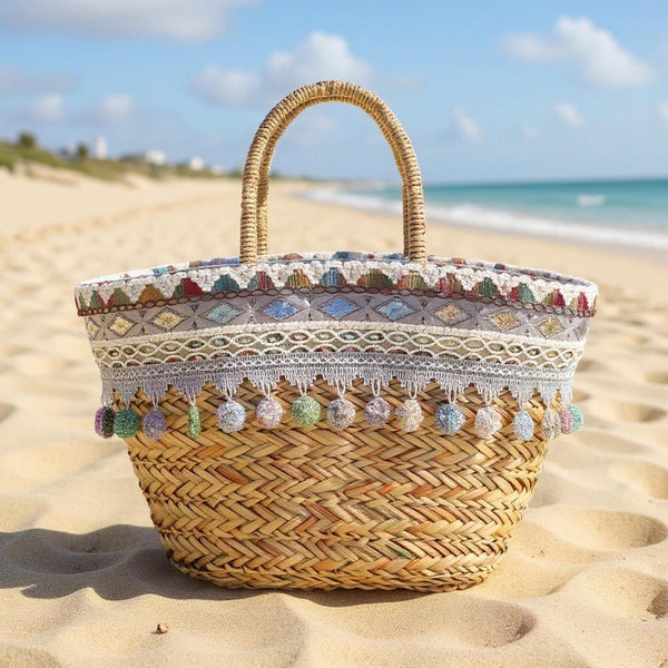 Vespera – Borsa Coffa Donna in Paglia Naturale Traforata pizzo Grande Vimini Mare Spiaggia Palma Decorata