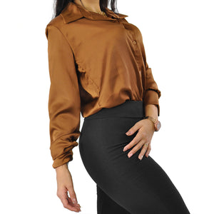 Camicia body blusa raso donna morbida sottogiacca elegante larga maniche lunghe