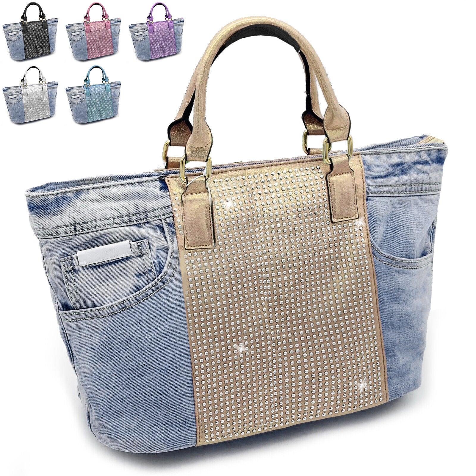 Borsa di jeans con strass glitter grande spalla shop grande capiente g Borsa di jeans con strass glitter grande spalla shop grande capiente g
