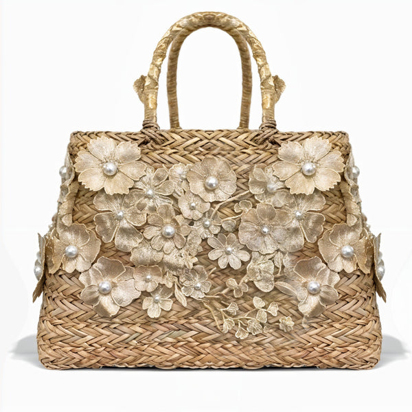 Vimini Vogue – Borsa Coffa Donna in Paglia Naturale Traforata pizzo  fiori perle Grande Vimini Mare Spiaggia Palma Decorata
