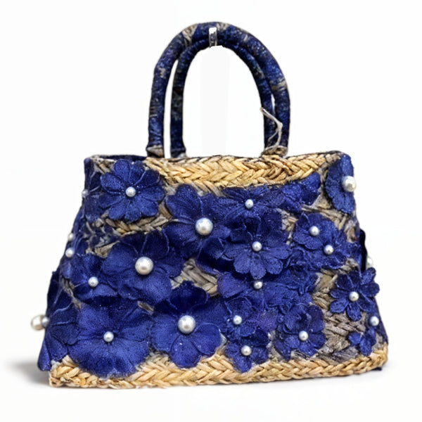 Vimini Vogue – Borsa Coffa Donna in Paglia Naturale Traforata pizzo  fiori perle Grande Vimini Mare Spiaggia Palma Decorata