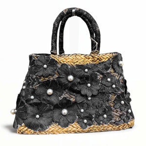 Vimini Vogue – Borsa Coffa Donna in Paglia Naturale Traforata pizzo  fiori perle Grande Vimini Mare Spiaggia Palma Decorata