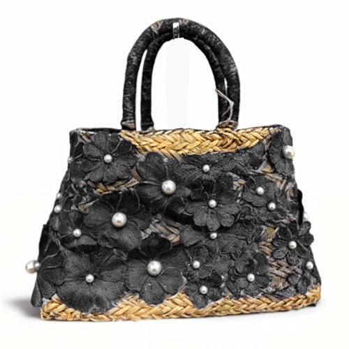 Vimini Vogue – Borsa Coffa Donna in Paglia Naturale Traforata pizzo  fiori perle Grande Vimini Mare Spiaggia Palma Decorata