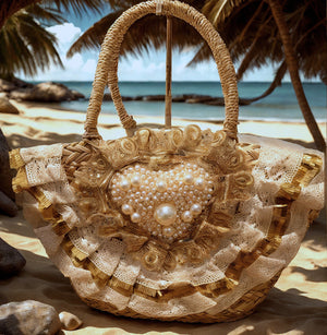 La Aura Naturale – Borsa Coffa Donna in Paglia Naturale Traforata jeans Grande Vimini Mare Spiaggia Palma Decorata (Copia)