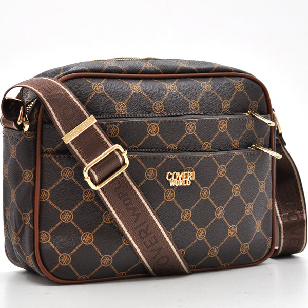 Borsa firmata Coveri World logata borsetta donna logo zip tracolla fantasia multi tasche