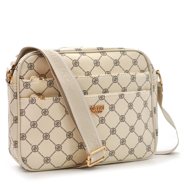 Borsa firmata Coveri World logata borsetta donna logo zip tracolla fantasia multi tasche