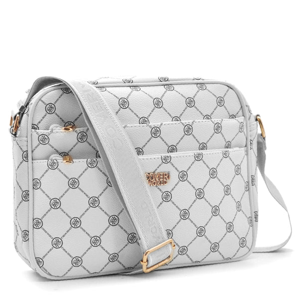 Borsa firmata Coveri World logata borsetta donna logo zip tracolla fantasia multi tasche