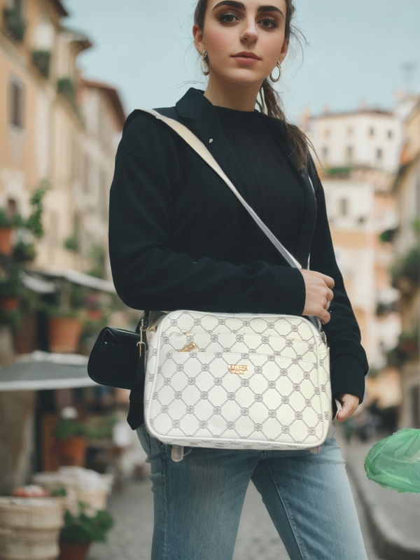 Borsa firmata Coveri World logata borsetta donna logo zip tracolla fantasia multi tasche