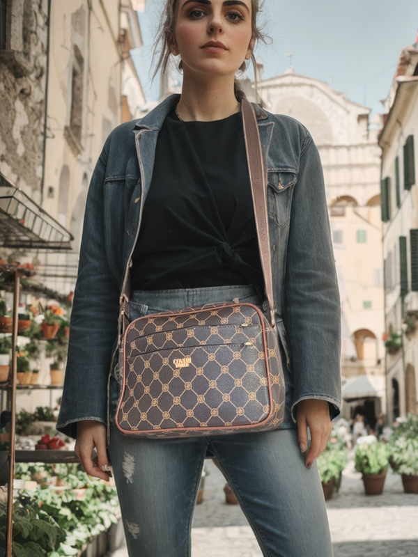 Borsa firmata Coveri World logata borsetta donna logo zip tracolla fantasia multi tasche