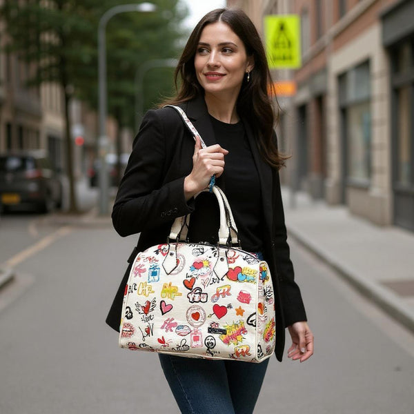 Borsa bauletto tote capiente spalla multicolore fantasia fumetto nuova simil pelle