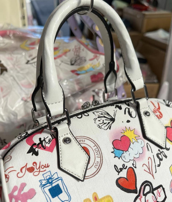 Borsa bauletto tote capiente spalla multicolore fantasia fumetto nuova simil pelle