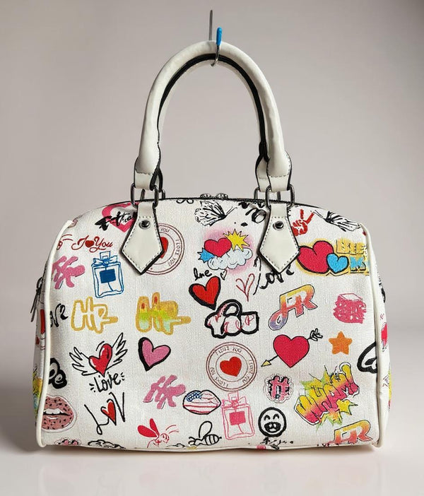 Borsa bauletto tote capiente spalla multicolore fantasia fumetto nuova simil pelle