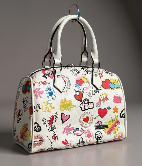 Borsa bauletto tote capiente spalla multicolore fantasia fumetto nuova simil pelle