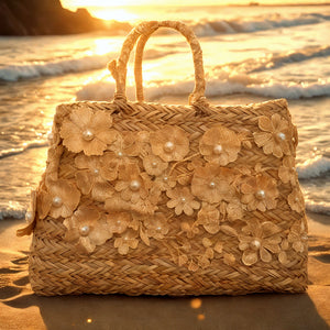 Vimini Vogue – Borsa Coffa Donna in Paglia Naturale Traforata pizzo  fiori perle Grande Vimini Mare Spiaggia Palma Decorata