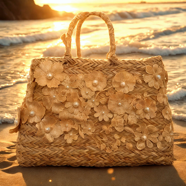 Vimini Vogue – Borsa Coffa Donna in Paglia Naturale Traforata pizzo  fiori perle Grande Vimini Mare Spiaggia Palma Decorata