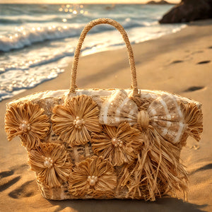 Mykonos Glow – Borsa Coffa Donna in Paglia Naturale Traforata pizzo Grande Vimini Mare Spiaggia Palma Decorata