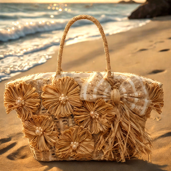 Mykonos Glow – Borsa Coffa Donna in Paglia Naturale Traforata pizzo Grande Vimini Mare Spiaggia Palma Decorata