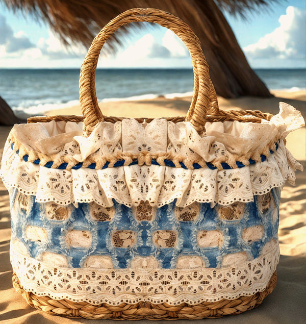 La Fior di Vimini – Borsa Coffa Donna in Paglia Naturale Traforata Grande Vimini Mare Spiaggia Palma Decorata