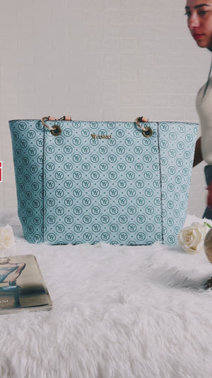 Borsa firmata yycoveri shopping tote capiente spalla tasche interne fantasia logata logo