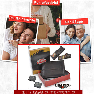 CHARRO Portafoglio pelle uomo porta assegni passaporto ribaltina 3 ante libro