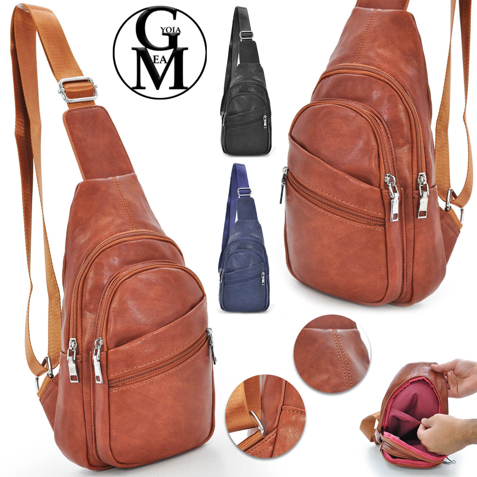 Marsupio zaino monospalla ZIP pelle uomo blu Nuovo pratico tempo liber