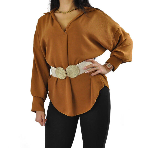 Camicia ITALY blusa donna morbida colletto elegante larga casual maniche lunghe