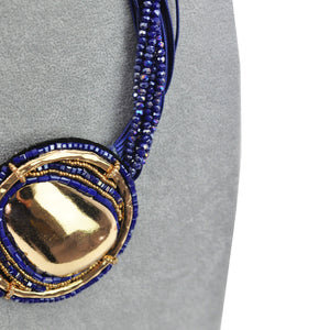 Collana donna blu viola strass lunga ciondolo disco oro multifilo boemia etnica