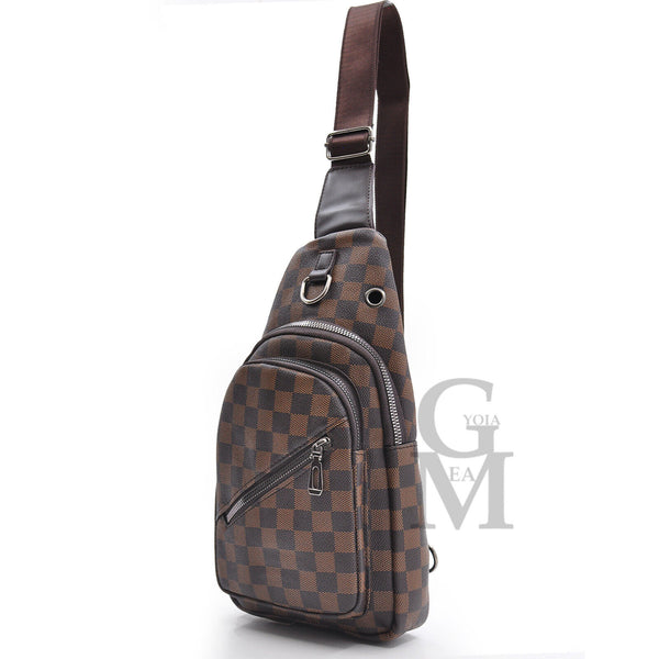 Marsupio pelle uomo fantasia scacchi petto mono spalla borsa 4 tasche viaggio