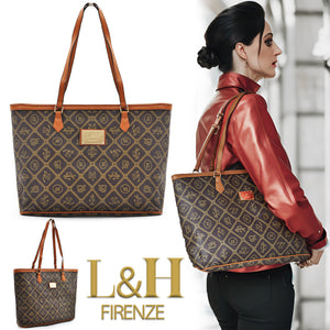 Borsa firmata originale L&H firenze donna shopping spalla pelle grande cerniere