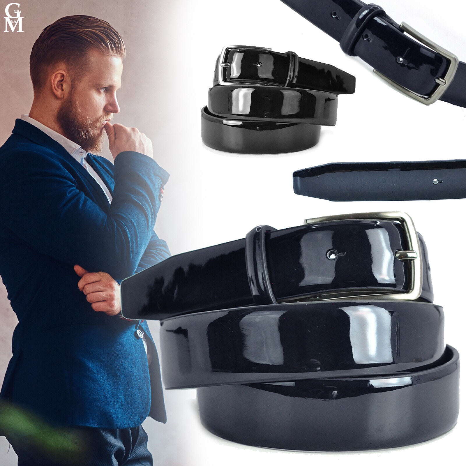 Cintura lucida uomo vernice foderata elegante cerimonia eventi abito blu  nera