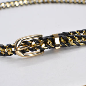 Cintura nera donna cinturina catenina oro pelle intrecciata piccola sottile moda