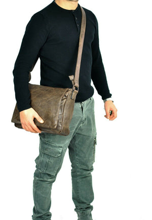 Borsa Uomo Vintage pelle venata Tracolla Messanger Uomo MARRONE grande lavoro