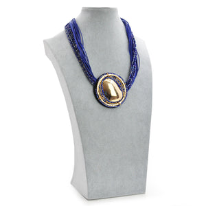 Collana donna blu viola strass lunga ciondolo disco oro multifilo boemia etnica