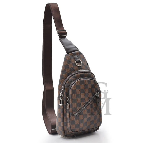 Marsupio pelle uomo fantasia scacchi petto mono spalla borsa 4 tasche viaggio