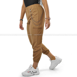 Pantalone cargo donna elasticizzato tasconi catena sportivo morbido giornaliero