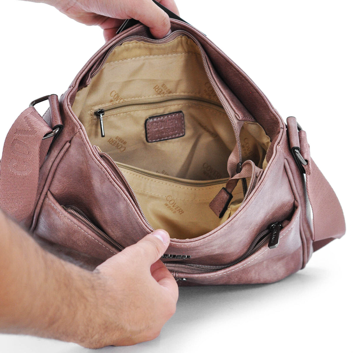Borsa A Tracolla Donna In Ecopelle Nera Con Multitasche - Messenger Bag Compatta Moderna