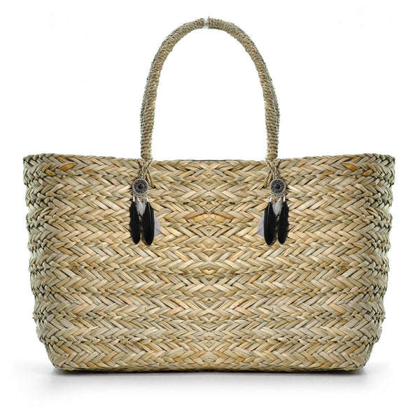 BORSA decorata Coffa DONNA catene PAGLIA GRANDE vimini mare spiaggia palma