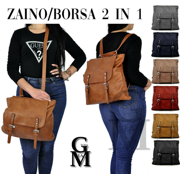 GM borsa zaino 2in1 donna fibbie vintage pelle cuoio scuola spalla tracolla