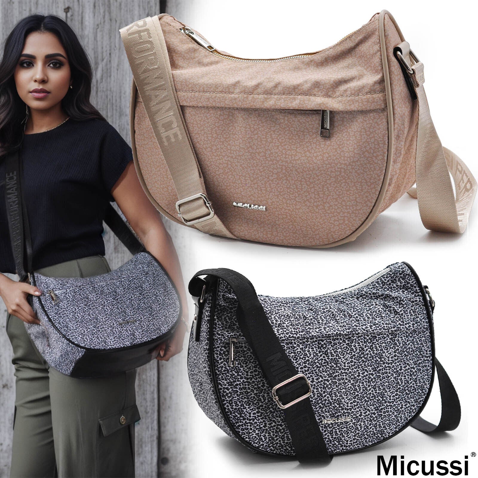 Borsa MICUSSI giornaliera mezzaluna donna tracolla tasche fantasia ner