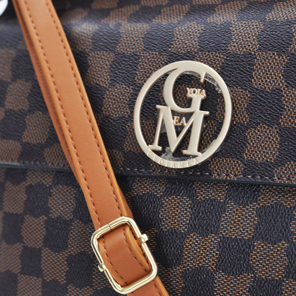 Borsa firmata GYOIAMEA donna tracolla fantasia scritte colorata capiente marrone