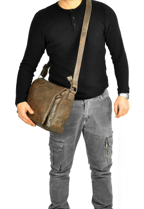 Borsa Uomo Vintage pelle venata Tracolla Messanger Uomo MARRONE grande lavoro