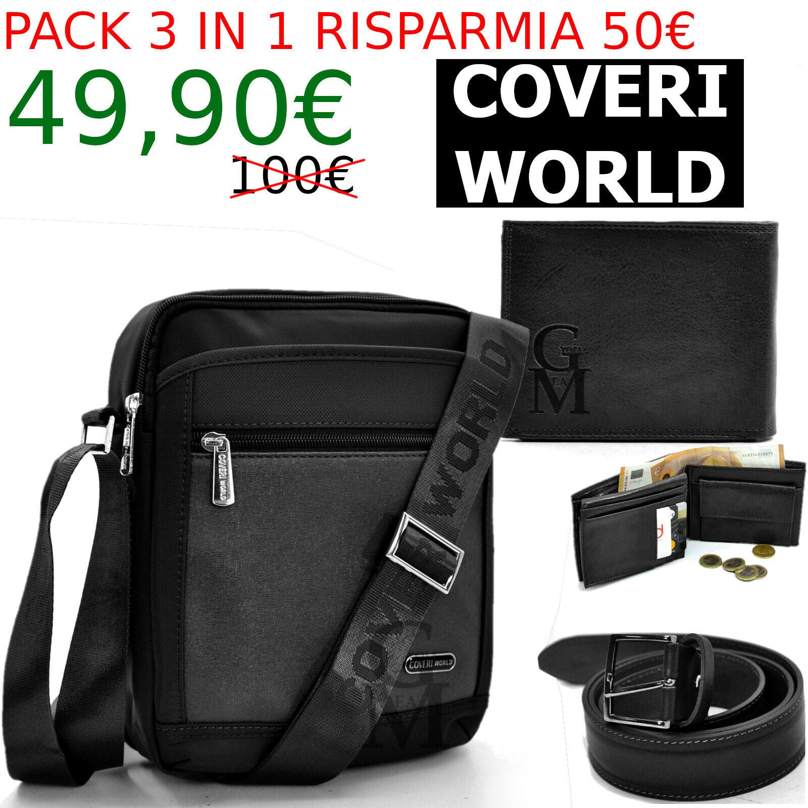 Cintura In Pelle Uomo Coveri - Made In Italy, Altezza 4 Cm, Nero (Taglia 115 Cm) - Art. 140/40