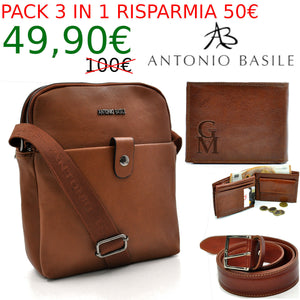 Pack 3in1 Borsello uomo A. Basile + portafoglio + cintura in vera pelle italy 04