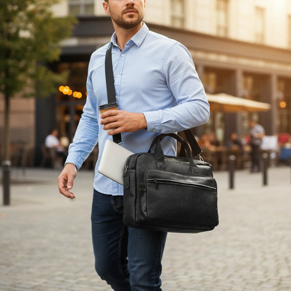 Borsa Uomo Cartella Tracolla in Pelle Sintetica Marrone — Ventiquattrore Casual Business