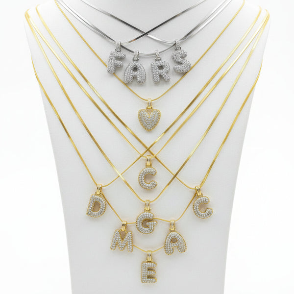 BUNDLE SET Collana a Corda "SNAKE" + 1 Ciondolo Lettera Iniziale "Balloon" con Pavé di Zirconi – Alfabeto Completo