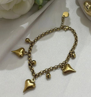 Bracciale con Charms Cuore 3D in Acciaio Oro - Catena Chunky Regolabile