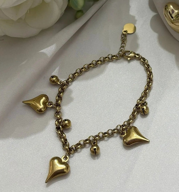 Bracciale con Charms Cuore 3D in Acciaio Oro - Catena Chunky Regolabile